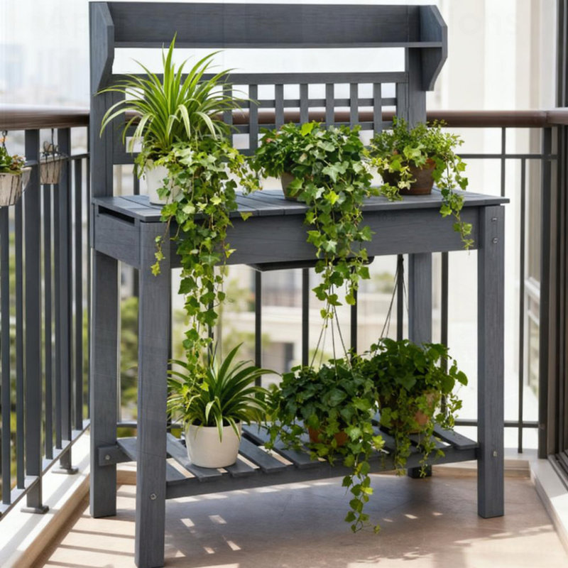 Banc de rempotage en bois pour l'extérieur avec plateau de table coulissant, tablette de rangement et évier à sec pour utilisation en serre et jardin