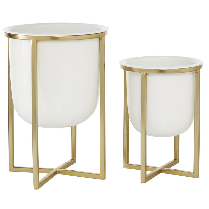 Round White Planter With Gold Metal Base, 10", 13"