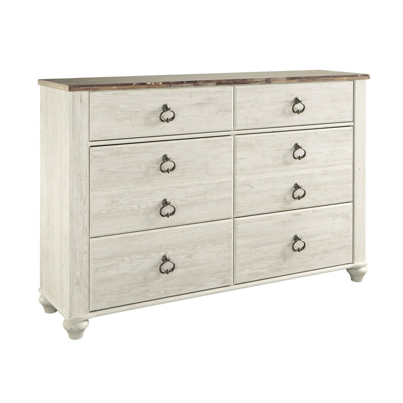 Coastal Retreat Whitewashed 6-Drawer Dresser with Plank-Style Top