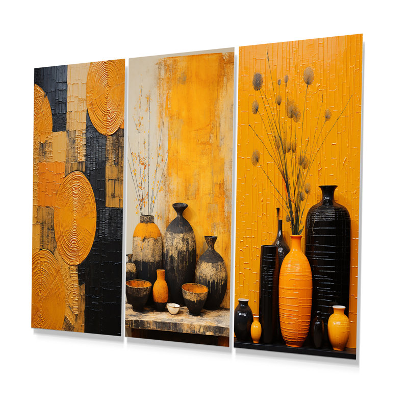 Artistique, poterie jaune artistique - ensemble de salon mural abstrait en métal 3 pièces, H 32 po x l 48 po
