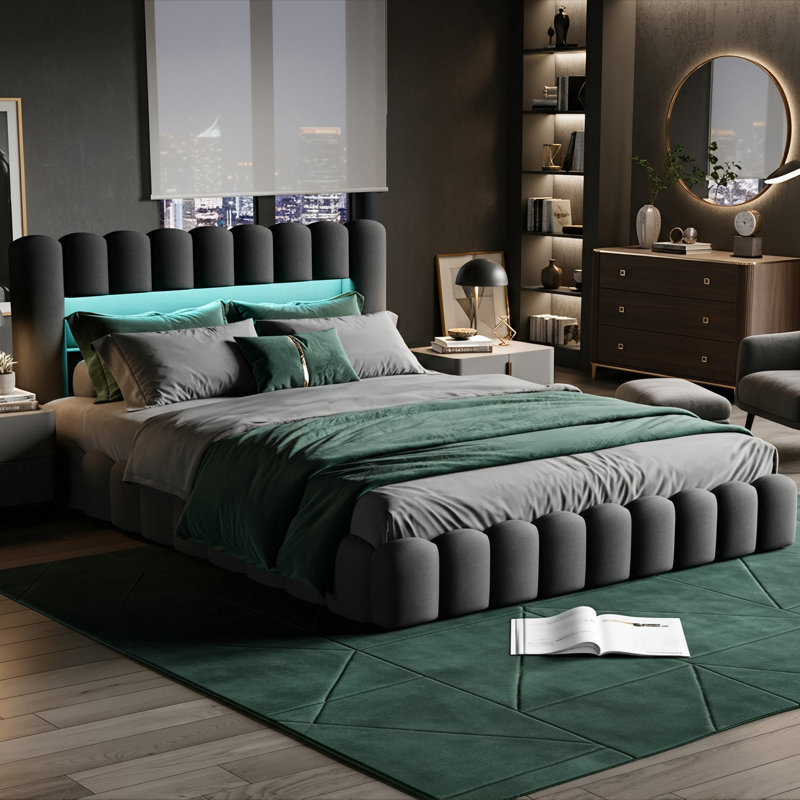 Linen Upholstered Ottoman Bed With Charging Station (USB/Type-C) & Smart LED Storage Headboard, Bubble Cloud Bed Frame in Grey/Beige (EU Double/King 140/160X200cm)