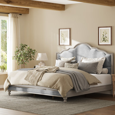 Structure de lit Aster Mid-Century en bois massif avec tête de lit et pied de lit rembourrés Aster