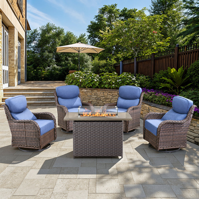 Ensemble de conversation de chaises berçantes pivotantes multiples pour l'extérieur avec table de foyer en osier, Bleu, Brun
