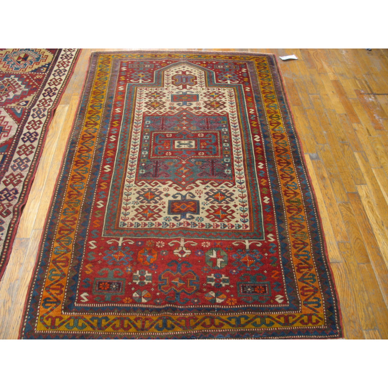 Antique Geometric Medallion Wool Hand Knotted Pile Coral / Salmon Pink 1890s Rug