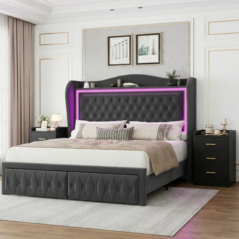 Ensemble de chambre à coucher 3 pièces, lit tapissier avec 2 tables de chevet avec 3 tiroirs et chargement USB, taille compacte pouvant servir de tables d'appoint