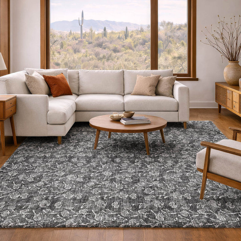 Tapis floral à poil long de qualité supérieure lavable à la machine ADS692, Gris, 3' x 5'