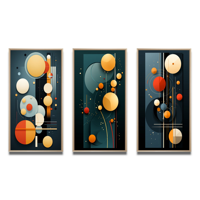 «Retro Circular Minimalisme In Vintage», 3 pièces sur toile, Cadre naturel flottant, H 28 po x l 36 po