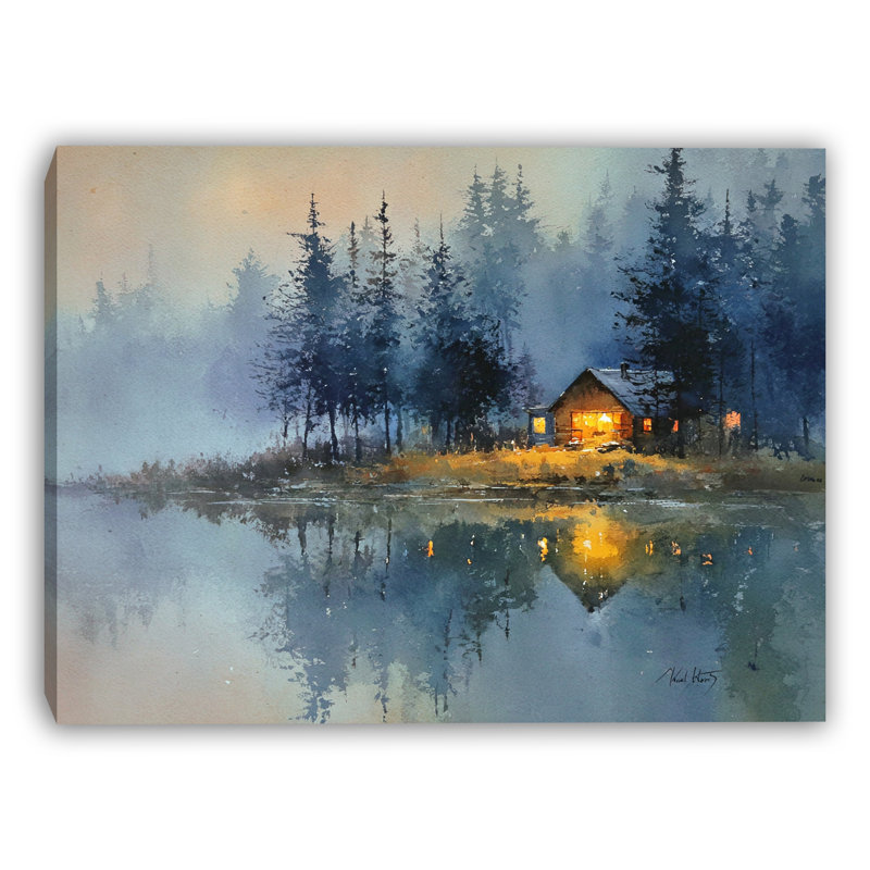 Art mural sur toile Misty Cabin Reflections, H 16 po x l 24 po