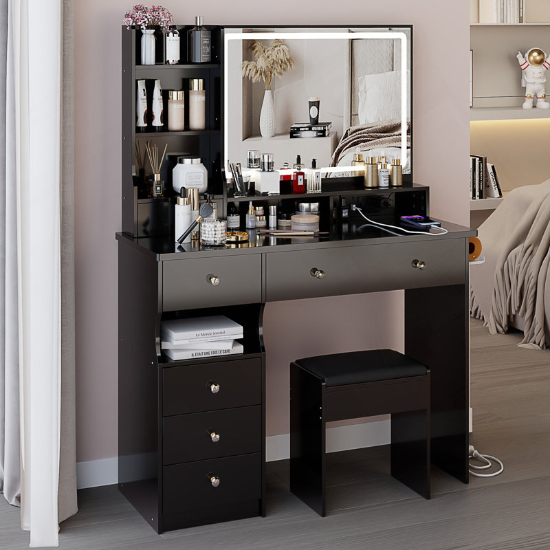 41 Inch Large Size Left Drawer Vanity Table Set With Cushioned Stool, 2 AC+2 USB Power Station, Hair Dryer Stand, Extra Large Touch Control LED Mirror, 3-Color Switch
