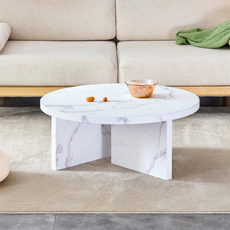 Table basse blanche à motif circulaire en panneau de fibres à densité moyenne, table centrale de 31,4 pouces pour les petits espaces et les salons modernes