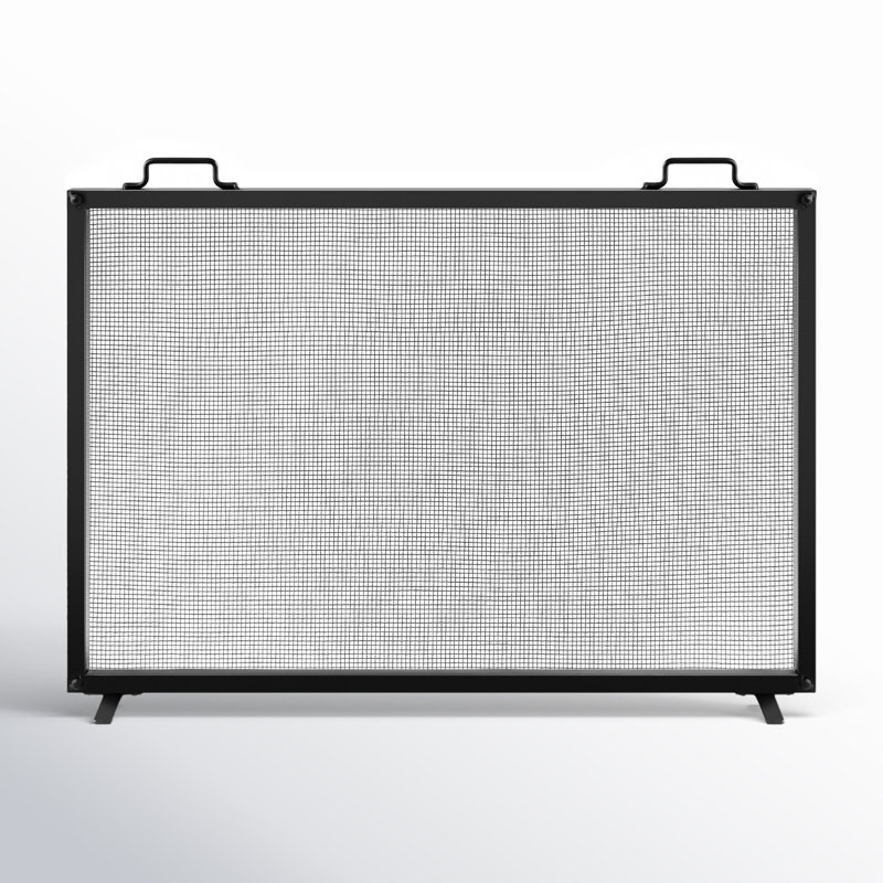 Cassiano 38x27in Single Panel Fireplace Screen Handcrafted Steel Mesh Spark Guard w/ Handles, Black