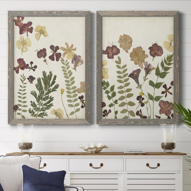 Pressed Flower Arrangement I - Ensemble de 2 reproductions d'art, Toile avec cadre gris, H 31,5 po x l 47 po x P 1,5 po