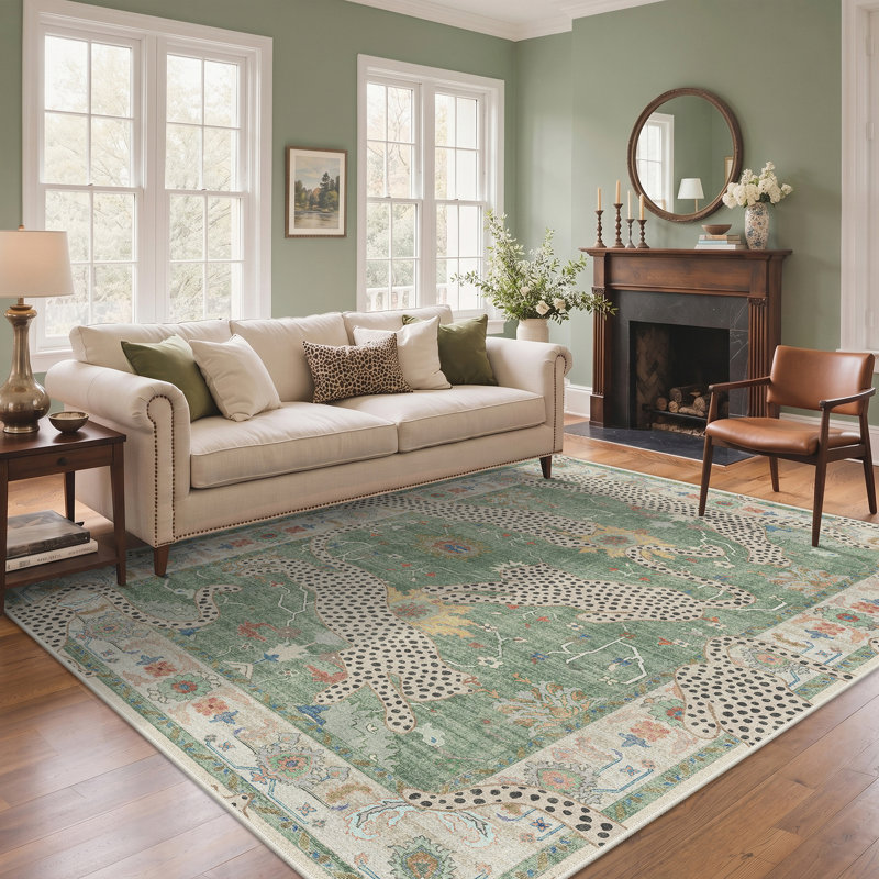 Allandale Leopard Print Green / Beige Machine Washable Non-Slip Area Rug, Rectangle 8' x 10', Green