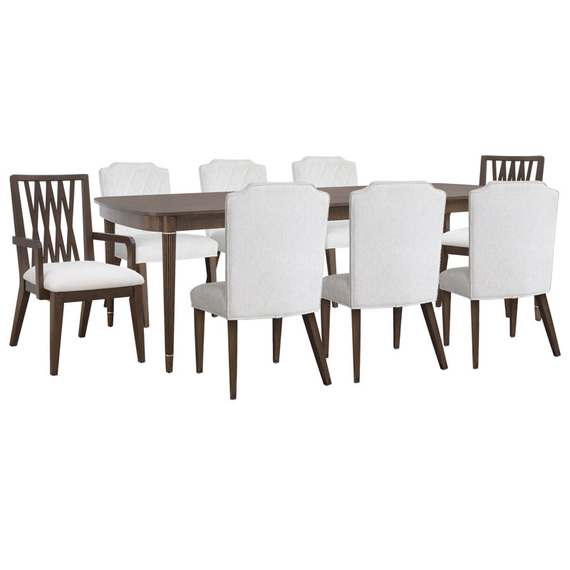 Leg Dining Table With 6 Upholstered Side Chairs And 2 Wood Back Arm Chairs, 9 Pcs: Table, 8 Chairs
