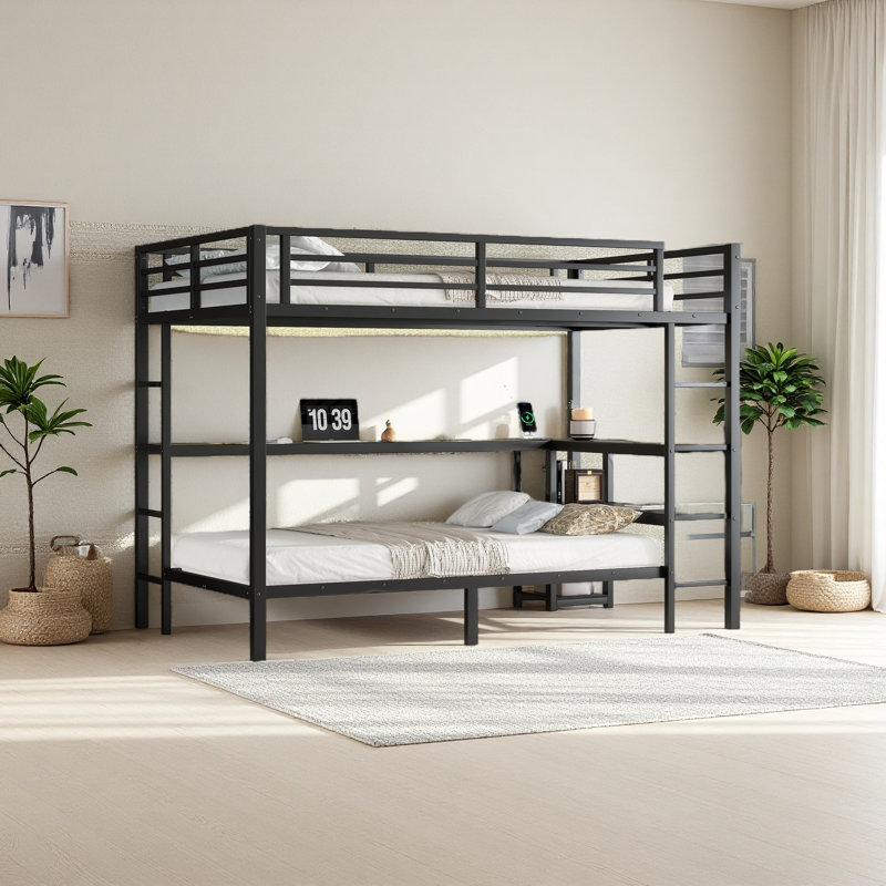 Lit superposé au-dessus d'un lit simple avec bureau et tablettes FILE