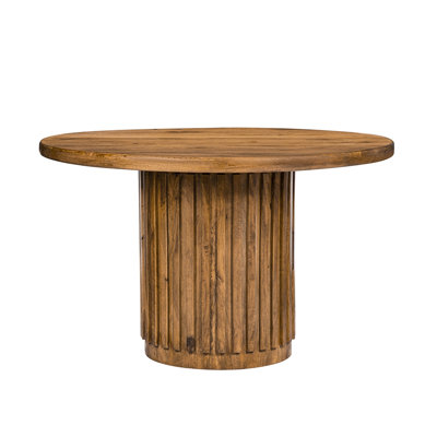 Brown 47x30" Wooden Table. Round Spacious Tabletop With Vertical Carvings. Solid Wood. Art , Transitional Styles. Fits 4. Assembly Required Dining Pedestal Top & Base. , Retro Seats Needed