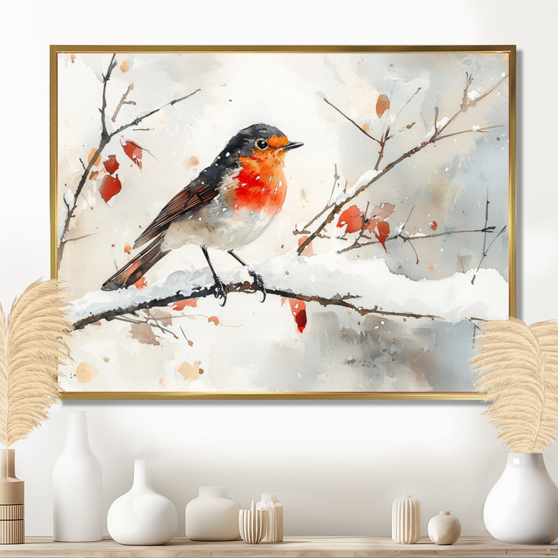 Oiseau Robin sur une branche enneigée I - oiseau, art mural, H 12 po x l 20 po, Cadre flottant, Doré