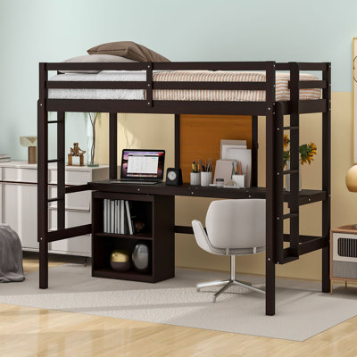 Twin Size Loft Bed With Desk And Writing Board, Wooden Loft Bed With Desk & Cabinet by Harriet Bee