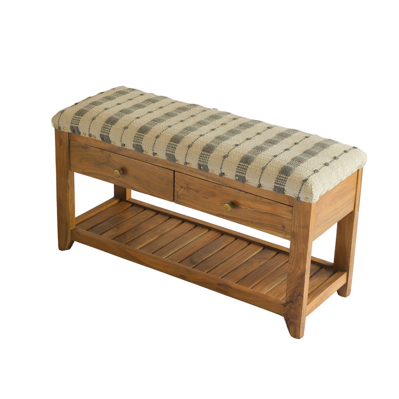 Banc de rangement rembourré en coton Avana, Gris / Ivoire