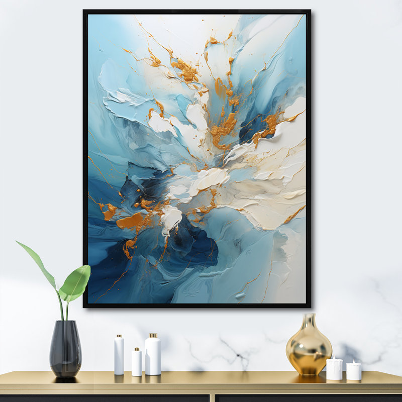 «Blue and Gold Ripple Symphony - Abstract Collages», art mural, Cadre flottant noir, H 40 po x l 30 po x P 1,5 po