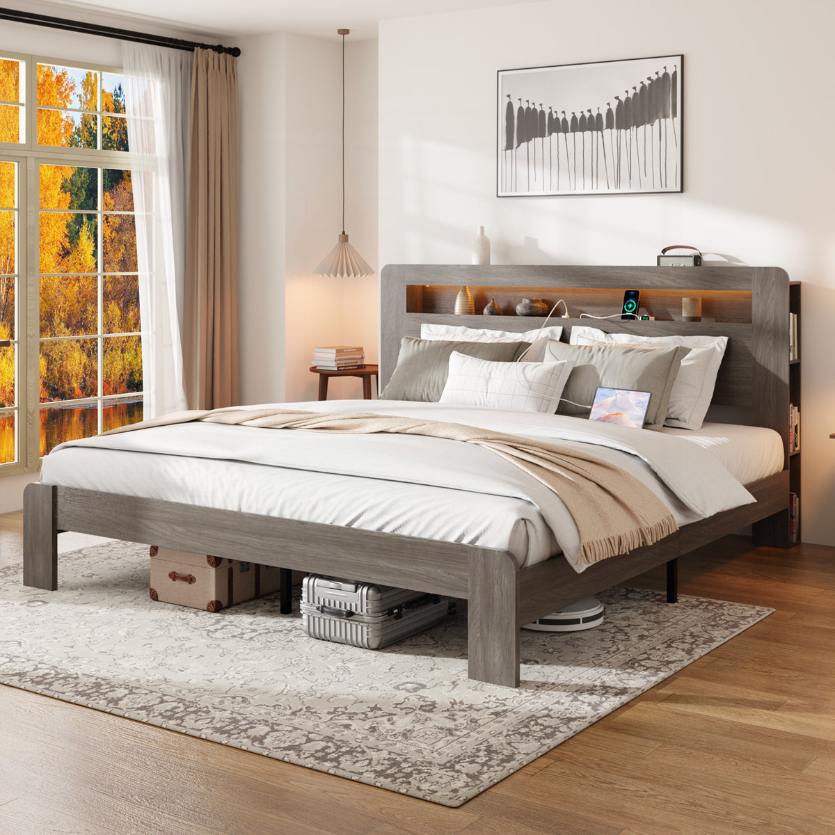 Latitude Run® Wood Platform Bed Frame with Storage LED Light Headboard ...