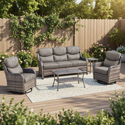 5-Piece Outdoor Wicker Patio Thick Cushion Sofa And Swivel Chairs Set With Coffee Table