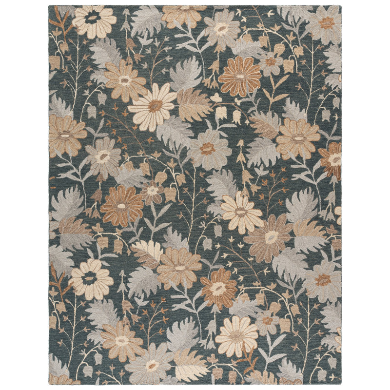 Tapis de jardin 929 tufté à la main, 80 % laine, 20 % coton, motif floral, Rectangle 9' x 12'