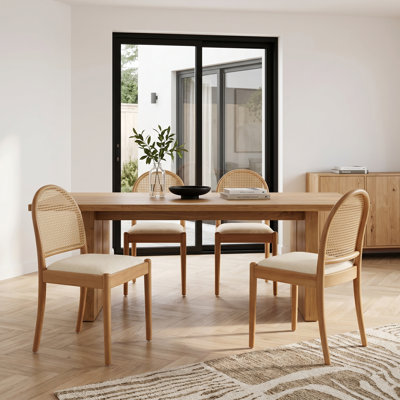 Rattan Dining Chairs, Upholstered Linen Dining Room Chairs with Backrests, Modern Kitchen Chairs with Wood Legs for Dining Room