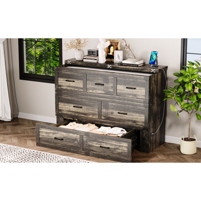 Armoire pour grand lit pliable, avec station de charge et rangement, gris rustique, idéale pour les bureaux à domicile Lit gris, armoire pour petites chambres