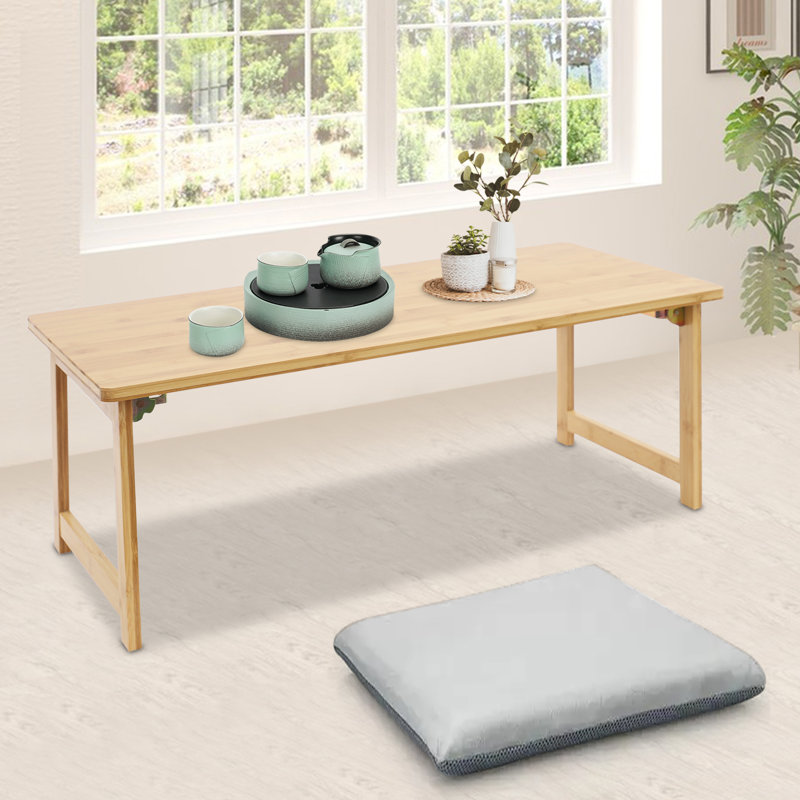 Foldable Bamboo Floor Coffee Table Small Tea Table Low Desk For Living Room Bedroom, Light Yellow Wood