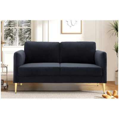 60.63" Wide Modern Corduroy Loveseat in Black with Square Arms and Foam Cushions