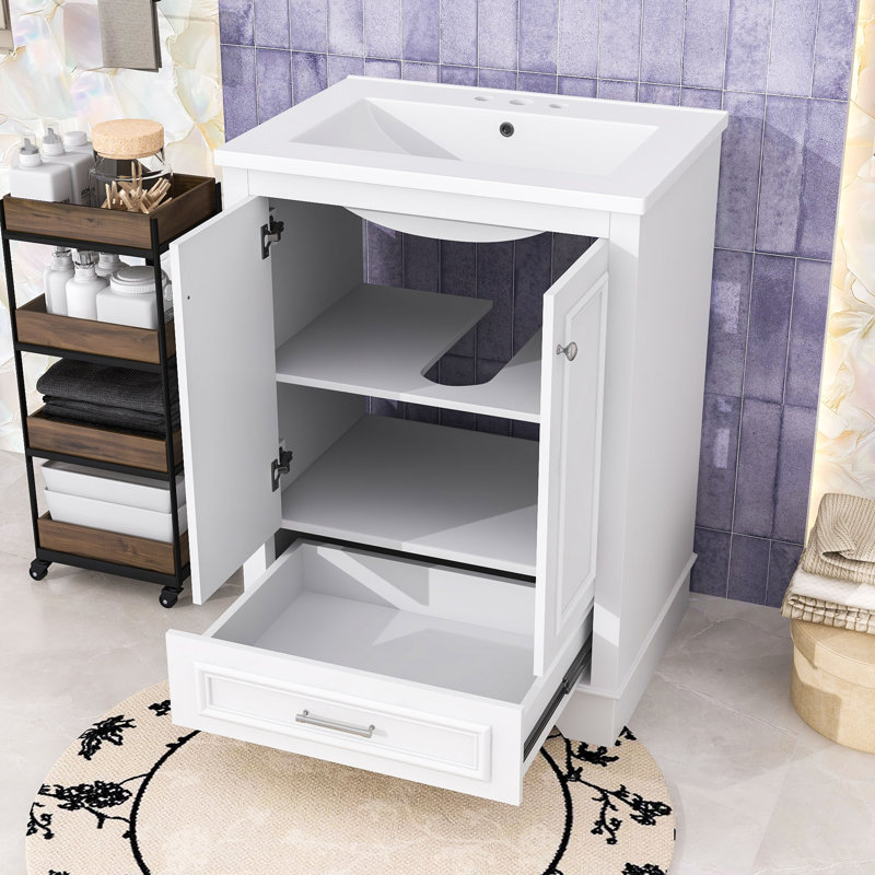 Drawer Bathroom Vanity with Ceramic Sink, Adjustable Shelves and Soft-Close Doors Cabinet, Silver, White