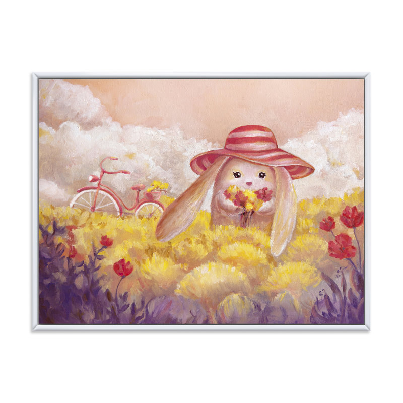 Petit lapin avec des fleurs - Peinture sur toile, H 12 po x l 20 po x p 1 po, Cadre flottant blanc