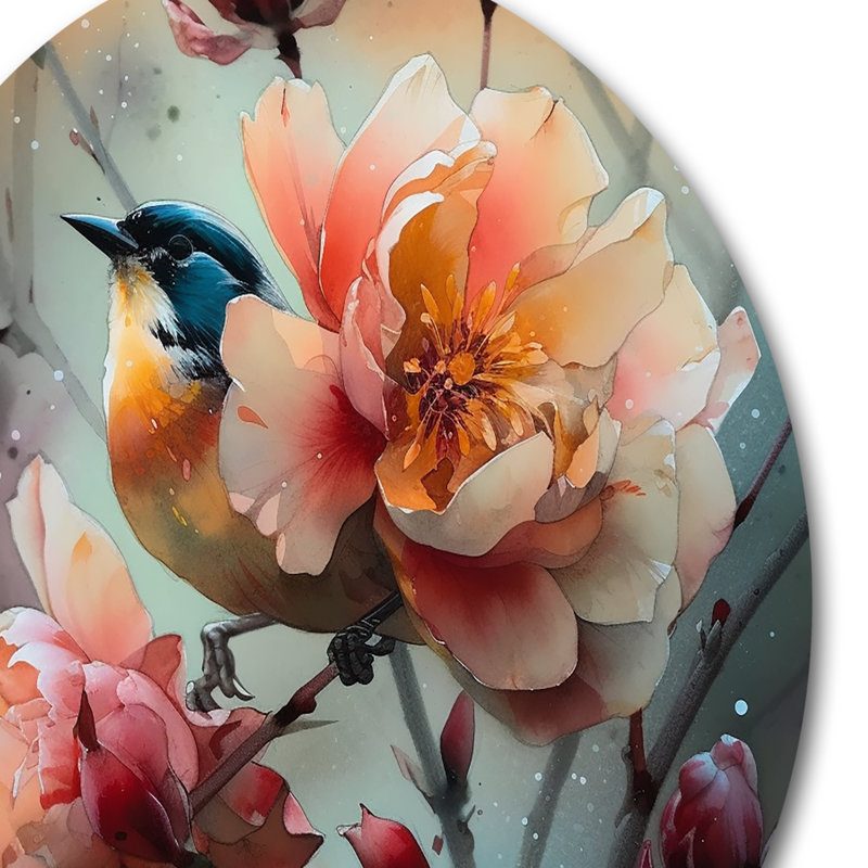 «Blue Little Bird On Rose Tree Banch II», art mural rond en métal à motif floral, H 23 po x l 23 po x P 1 po