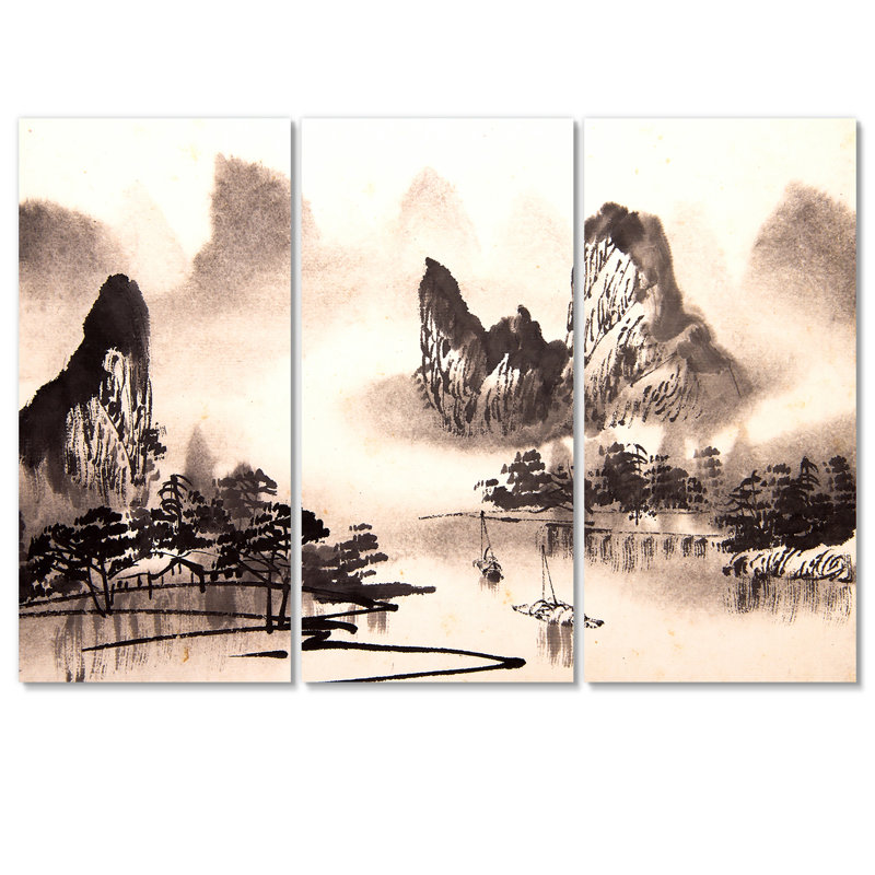 Paysage d'eau chinois monochrome - peinture sur toile tendue 3 pièces, H 40 po x l 60 po x P 1 po