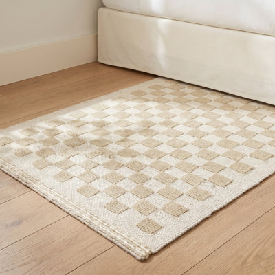 Azle Beige Tan Hand-Woven Checkered Wool Rug