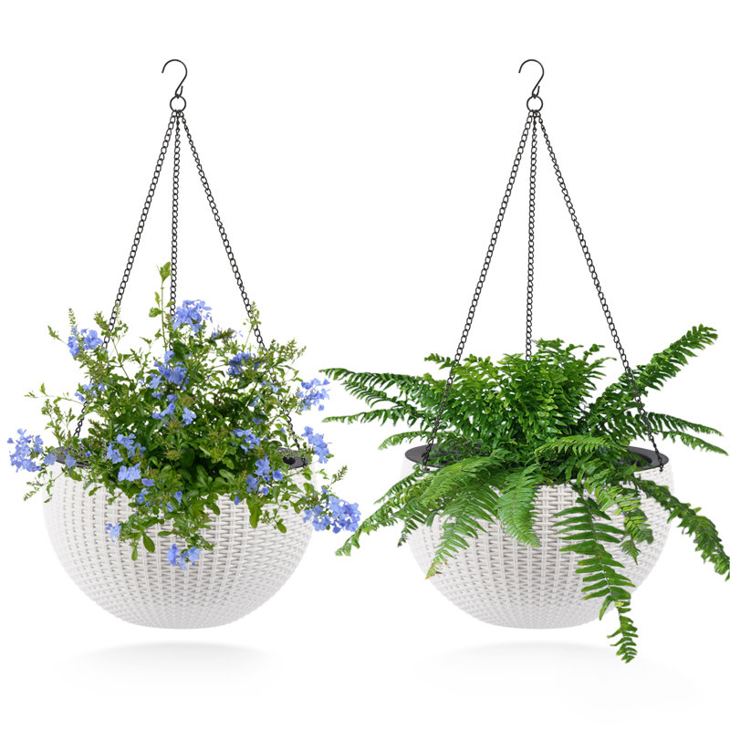 13.4 Inch Self-Watering Hanging Rattan-Inspired Planter Large Capacity, Root-Rot Resistant Water Storage With Water Level Indicator, Dual-Use For Indoor & Balcony Decoration (Pack Of 2, White)