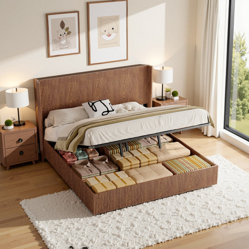 Lit de rangement relevable hydraulique en bois avec tête de lit à oreilles, sans sommier requis / pas de bruit, bois naturel à lattes brun rustique (très grand)