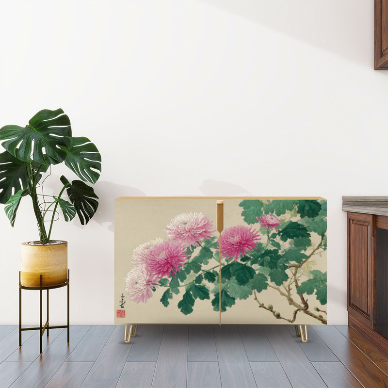 Buffet Buffet avec rangement Fleurs de chrysanthème rose, branches botaniques, feuilles vertes, avec 2 portes pour le salon et la cuisine