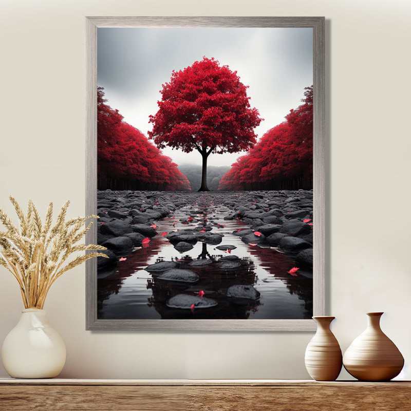 Rouge et gris forêt sérénité - art mural forêt, H 20 po x l 12 po x P 1 po, Encadrement argenté