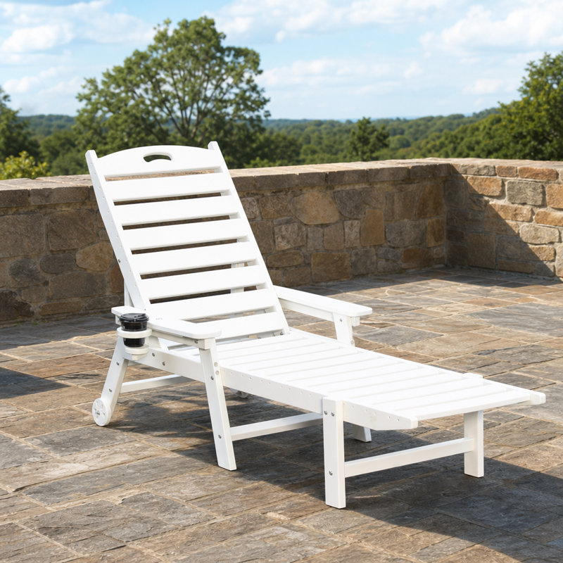Chaise longue d'extérieur robuste avec dossier réglable à 4 positions, chaise longue inclinable résistante aux intempéries avec porte-gobelet intégré et roulettes à mobilité douce