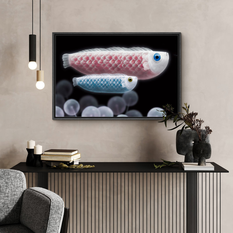 Animaux nautiques, rose, bleu, mignon, poisson, noir, Moody, animaux marins côtiers, Cadre noir, H 16 po x l 24 po