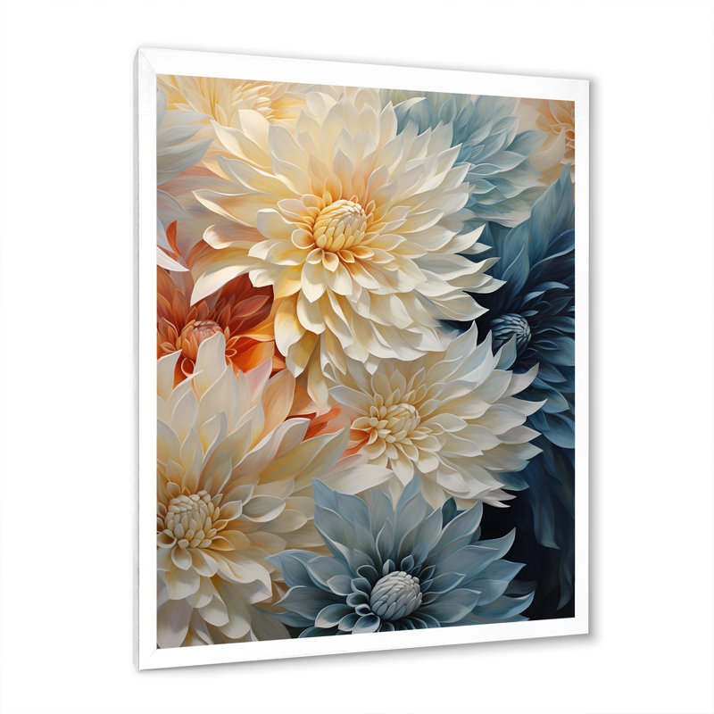 «White Mums In Blue Dream II», reproduction sur toile, Cadre simple blanc, H 32 po x l 24 po x P 1 po