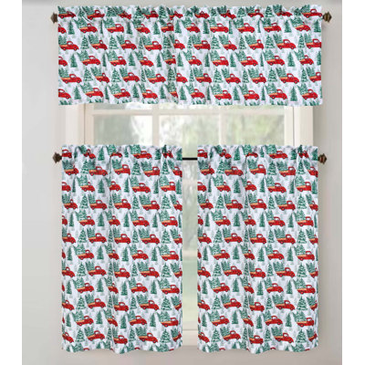 Cindell Christmas Plaid Trucks Kitchen Curtain