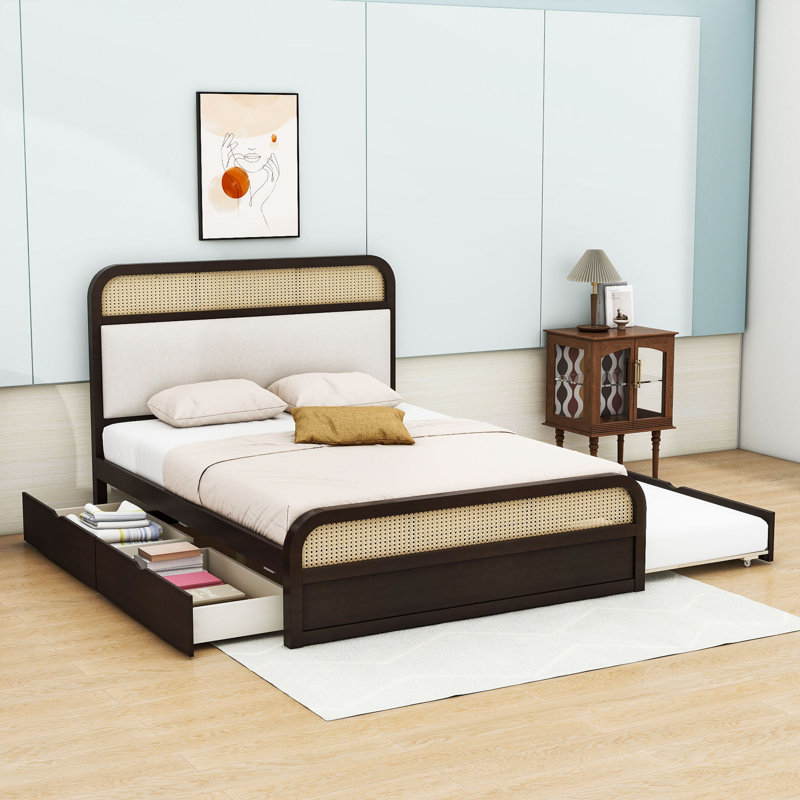Lit plateforme grand Bayla avec coussin de tête de lit rembourré, lit gigogne simple TG, rangement pour tiroir, Espresso