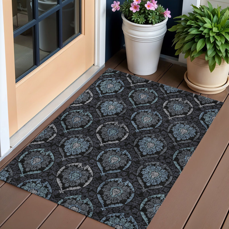 3' X 5' Blue Charcoal And Gray Medallion Washable Indoor Outdoor Area Rug