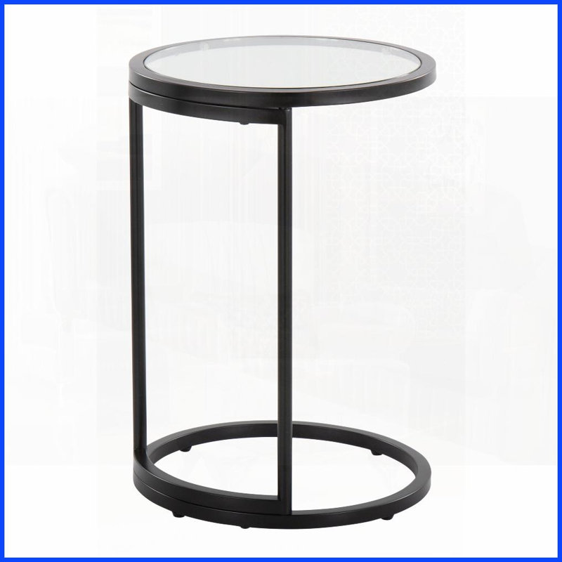Table basse en forme de C peu encombrante par LumiSource - Structure en métal noir, verre trempé transparent, style moderne