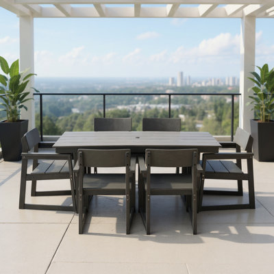 7 Outdoor Dining For 6 Grey Weather- Patio Table With Umbrella Hole And Armrest Chairs, Seating, Customizable Style Seating Great Deck Lawn, Long-Term Use