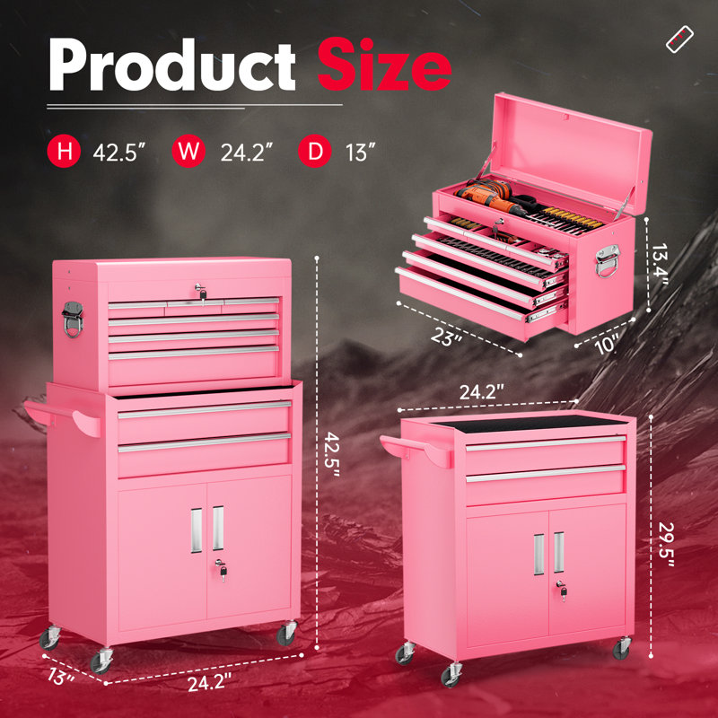 Coffre à outils 8 tiroirs, armoire à outils amovible en métal 2-en-1 avec roues verrouillables, Rose