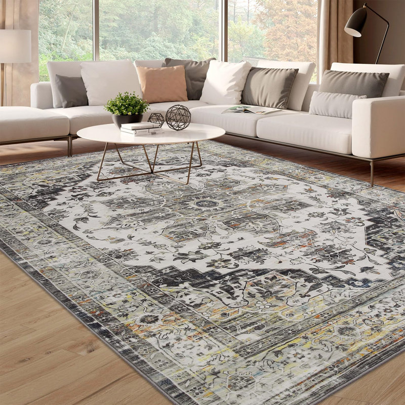 Area Rugs, Non-Slip Washable Boho Living Room Rugs Foldable Vintage Printed Floor Carpet Low Pile Indoor Rug for Bedroom Dining Open Floor